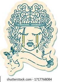 Retro Tattoo Style crying elf barbarian character face