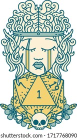 Retro Tattoo Style crying elf barbarian character with natural one D20 roll