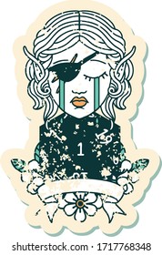 Retro Tattoo Style crying elf rogue character with natural one D20 roll