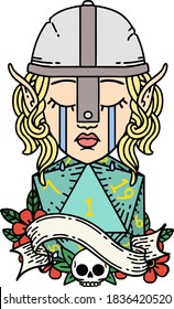 Retro Tattoo Style crying elf fighter character face with natural one D20 roll