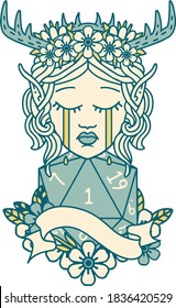 Retro Tattoo Style crying elf druid character face with natural one roll
