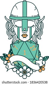 Retro Tattoo Style crying elf fighter character face with natural one D20 roll