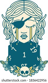 Retro Tattoo Style crying elf rogue character face with natural one D20 roll