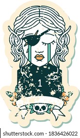 Retro Tattoo Style crying elf rogue character with natural one D20 roll