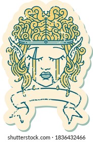 Retro Tattoo Style crying elf barbarian character face with banner