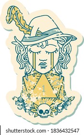 Retro Tattoo Style crying elf bard character with natural one D20 roll