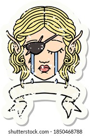 Retro Tattoo Style crying elf rogue character face with banner