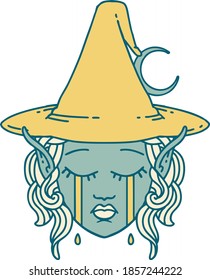 Retro Tattoo Style crying elf mage character face