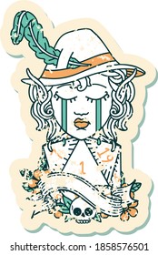 Retro Tattoo Style crying elf bard character face with natural one d20 dice roll