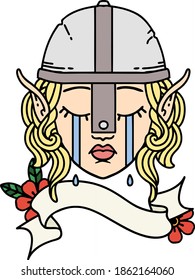 Retro Tattoo Style crying elf fighter character face