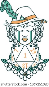 Retro Tattoo Style crying elf bard character with natural one D20 roll