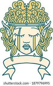 Retro Tattoo Style crying elf barbarian character face with banner