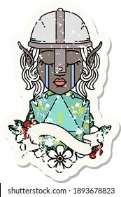 Retro Tattoo Style crying elf fighter character face with natural one D20 roll
