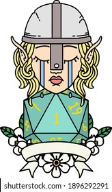 Retro Tattoo Style crying elf fighter character face with natural one D20 roll