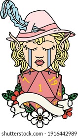 Retro Tattoo Style crying elf bard character face with natural one