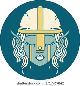 Retro Tattoo Style crying elven fighter character face