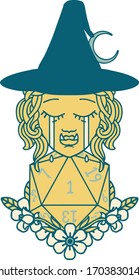 Retro Tattoo Style crying half orc witch with natural one D20 dice roll
