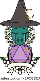 Retro Tattoo Style crying half orc witch character with natural one roll