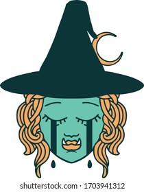 Retro Tattoo Style crying half orc witch character face