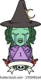 Retro Tattoo Style crying half orc witch character with natural one roll