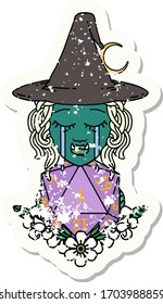 Retro Tattoo Style crying half orc witch with natural one D20 dice roll