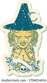 Retro Tattoo Style crying half orc witch character face with natural one d20 dice roll