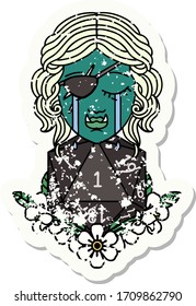 Retro Tattoo Style crying half orc rogue character with natural one D20 roll