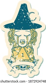 Retro Tattoo Style crying half orc witch character with natural one roll