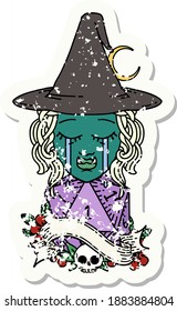 Retro Tattoo Style crying half orc witch character face with natural one d20 dice roll