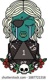 Retro Tattoo Style crying half orc rogue character with natural one D20 roll