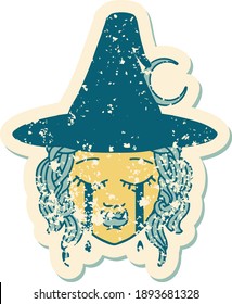 Retro Tattoo Style crying half orc witch character face