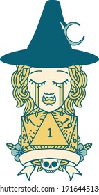 Retro Tattoo Style crying half orc witch character with natural one roll