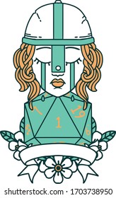 Retro Tattoo Style crying human fighter with natural one D20 dice