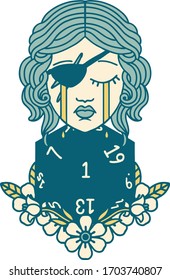Estilo del tatuaje retro Llanto especie humana con un d20 rodillo natural