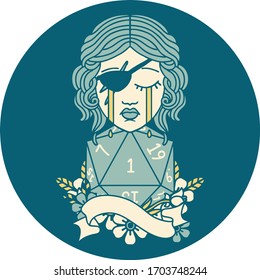 Retro Tattoo Style crying human rogue with natural one D20 roll