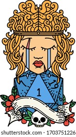 Retro Tattoo Style crying human barbarian with natural one d20 roll