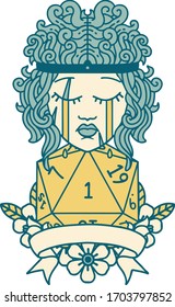 Retro Tattoo Style crying human barbarian with natural one roll