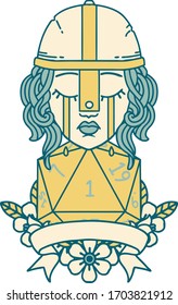 Retro Tattoo Style crying human fighter with natural one D20 dice