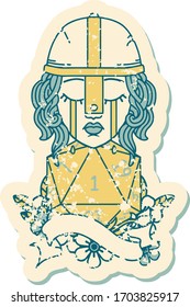 Retro Tattoo Style crying human fighter with natural one D20 roll