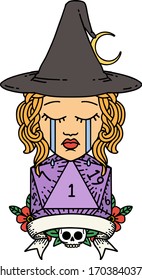 Retro Tattoo Style crying human witch with natural one roll