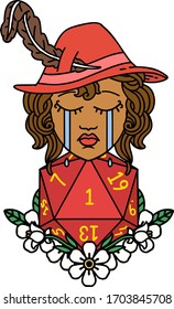 Retro Tattoo Style crying human bard with natural one D20 dice roll