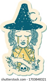 Retro Tattoo Style crying human witch with natural D20 roll