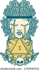 Retro Tattoo Style crying human barbarian with natural one D20 roll