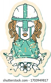 Estilo de tatuagem retro chorando lutador humano com um D20 natural