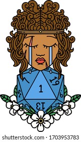 Retro Tattoo Style crying human barbarian with natural one D20 roll