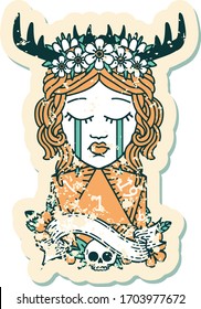Retro Tattoo Style crying human druid with natural one d20 roll