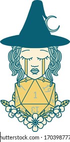 Retro Tattoo Style crying human witch with natural one D20 dice roll