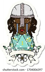 Retro Tattoo Style crying human fighter with natural one D20 dice