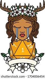 Retro Tattoo Style crying human druid with natural one roll