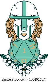 Retro Tattoo Style crying human fighter with natural one D20 roll